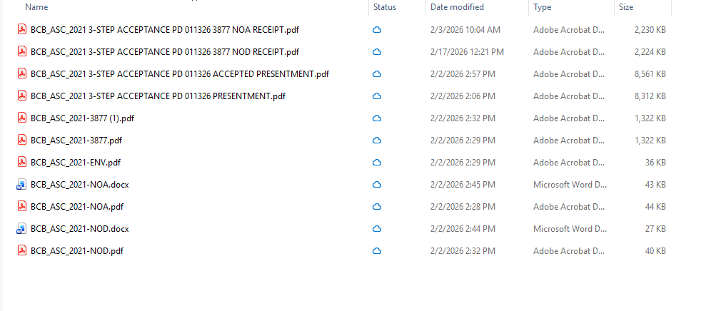 Contents of BCB ASC 2021 case folder showing NOA, NOD, and receipt PDFs